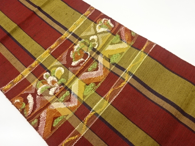 手織り紬横縞に草花模様織出し名古屋帯